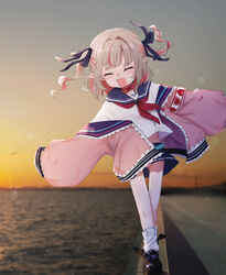  :d absurdres beach belt belt_collar black_footwear black_ribbon black_skirt blue_belt blue_sailor_collar blush closed_eyes collar facing_viewer female floating_hair hair_ribbon highres jacket makaino_ririmu makaino_ririmu_(4th_costume) miniskirt neckerchief nijisanji oerba_yun_fang off_shoulder open_mouth outdoors panties pantyshot photo_background pink_jacket pink_panties pleated_skirt pointy_ears red_neckerchief ribbon sailor_collar school_uniform serafuku shirt shoes skirt smile socks solo standing sunset twintails underwear utsusumi_kio virtual_youtuber white_shirt white_socks 