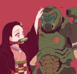  ... 1boy armor assault_visor bit_gag black_hair blue_visor commentary crossover doom_(2016) doom_(series) doom_eternal doomguy english_commentary eyelashes female forehead gag gagged hand_on_another&#039;s_head headpat helmet highres japanese_clothes kamado_nezuko kimetsu_no_yaiba kimono kukie-nyan long_hair looking_at_another mark_of_the_doom_slayer obi pink_eyes pink_kimono pink_nails pink_ribbon power_armor praetor_suit red_background ribbon sash shoulder_cannon upper_body 