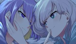  2girls absurdres alternate_costume aqua_eyes blonde_hair blue_shirt bright_pupils collared_shirt colored_inner_hair commentary eye_contact finger_to_another&#039;s_mouth grey_hair hair_behind_ear hand_on_another&#039;s_cheek hand_on_another&#039;s_face heart heart-shaped_pupils highres hololive hololive_indonesia landacdeus looking_at_another lying moona_hoshinova multicolored_hair multiple_girls on_side pavolia_reine purple_eyes purple_hair shirt smile symbol-shaped_pupils virtual_youtuber white_pupils yuri 