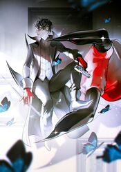  1boy amamiya_ren arsene_(persona_5) black_coat black_hair black_pants blue_butterfly boots btmr_game bug butterfly claws coat dagger gloves gun hair_between_eyes handgun highres holding holding_dagger holding_gun holding_knife holding_weapon knife long_sleeves male_focus pants parted_lips persona persona_5 profile red_gloves signature sitting sparkle weapon 