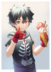  1boy black_hair black_hoodie eating food gloves gradient_background hair_between_eyes highres holding holding_food hood hood_down hoodie hoshiko_(419401x) ice_cream ice_cream_cone kemono_jihen kusaka_kabane licking_lips looking_at_viewer male_focus red_eyes red_gloves short_sleeves simple_background skeleton_print solo standing tongue tongue_out 