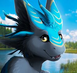  4_ears avali bust_portrait cloud eili_(k&#039;braid) feather_hair feathers female hi_res lake libertades multi_ear plant portrait pseudo_hair smile smiling_at_viewer solo speckles tree 