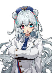  absurdres animal_ears arknights bad_id bad_pixiv_id bear_ears blue_eyes blue_hair blue_headwear blue_necktie breasts female hair_between_eyes heterochromia highres jacket large_breasts long_hair long_sleeves looking_at_viewer necktie open_mouth pink_hair red_eyes rosa_(arknights) shao_(shaorouhong) simple_background solo upper_body white_background white_hair white_jacket 