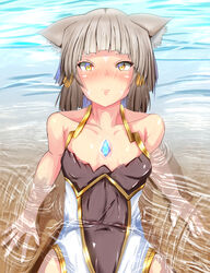  absurdres animal_ears awestruck blunt_bangs blush cat_ears crystal facial_mark female flat_chest grey_hair hair_ornament highres in_water looking_at_viewer looking_up nia_(blade)_(xenoblade) nia_(xenoblade) ocean shindayomon short_hair sitting spoilers swimsuit xenoblade_chronicles_(series) xenoblade_chronicles_2 yellow_eyes 