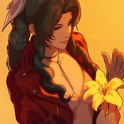  aerith_gainsborough artist_name bangle bracelet braid braided_ponytail breasts brown_hair choker cleavage commentary dress female final_fantasy final_fantasy_vii final_fantasy_vii_remake fingernails flower flower_choker green_eyes hair_ribbon holding holding_flower jacket jewelry lily_(flower) long_hair medium_breasts orange_background parted_bangs parted_lips pink_dress pink_ribbon red_jacket ribbon sidelocks smile solo the_art_mage twitter_username upper_body wavy_hair yellow_flower 