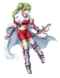  armored_boots blue_eyes boots cape capelet commentary_request crop_top female full_body gauntlets green_hair holding holding_sheath knee_boots midriff naramura navel red_shorts rpg_maker sheath shorts side_ponytail smile solo sword weapon white_cape white_capelet 