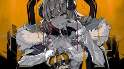  animal_ears barbed_wire black_collar chair coat collar commentary_request crown english_text female finger_to_mouth fur-trimmed_coat fur_trim grin highres holding holding_crown hololive horns king_(vocaloid) looking_at_viewer official_art orange_background orange_eyes orange_theme second-party_source sheep_ears sheep_girl sheep_horns smile solo song_name teeth throne tsumeki tsunomaki_watame unworn_crown virtual_youtuber 