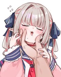  1boy anger_vein blue_nails blue_ribbon blue_sailor_collar blush bullying cheek_squash closed_eyes female fingernails flying_sweatdrops grey_hair hair_ribbon highres jacket long_sleeves makaino_ririmu makaino_ririmu_(4th_costume) multicolored_hair nail_polish neckerchief nijisanji open_mouth pink_jacket pointy_ears pov pov_hands red_neckerchief ribbon sailor_collar school_uniform serafuku shirt streaked_hair tears utsusumi_kio virtual_youtuber white_shirt 