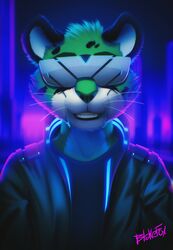  absurd_res anthro blakefox clothing fangs felid fur green_body green_fur green_nose hi_res jacket male mammal shirt solo teeth topwear umgebung whiskers white_body white_fur 