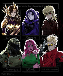  2boys 4girls animification armor assault_visor black_bodysuit blink_(x-men) blonde_hair blue_cape bodysuit breasts brown_eyes brown_hair buttons cape character_name closed_mouth coat colored_skin commentary dc_comics detached_sleeves doom_(2016) doom_(series) doomguy double-breasted facial_mark forehead_mark full_armor glasses green_eyes grey_skin gun handgun hashtag-only_commentary hellsing highres holding holding_gun holding_sword holding_weapon hood hood_up hooded_cape jacket large_breasts league_of_legends leona_(league_of_legends) light_smile long_hair looking_at_viewer marvel medium_breasts medium_hair multiple_boys multiple_drawing_challenge multiple_girls pauldrons pink_hair pink_skin praetor_suit purple_eyes purple_hair raven_(dc) red_coat red_eyes red_jacket revolver round_eyewear seras_victoria shoulder_armor six_fanarts_challenge smile sword teen_titans tinted_eyewear trigun vash_the_stampede weapon x-men yellow-tinted_eyewear zakirsiz 