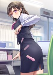  amagi_shino artist_name blush brown_hair calendar_(object) commentary_request dropping eyelashes female half_updo highres long_hair long_sleeves office office_lady original pantylines pencil_skirt purple_eyes receptionist_girl_(amagi_shino) shirt signature skirt solo standing surprised vest white_shirt 