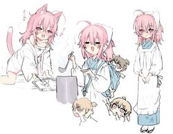  4girls :d ahoge animal_ear_fluff animal_ears apron bad_id bad_pixiv_id bare_shoulders blue_kimono blush blush_stickers brown_hair camisole cat_ears cat_girl cat_tail closed_eyes closed_mouth collarbone cooking_pot drawing_tablet dress finger_to_mouth head_scarf holding holding_stylus japanese_clothes kappougi kemonomimi_mode kimono ladle long_hair mother_and_daughter multiple_girls multiple_views nose_blush off_shoulder open_clothes open_shirt original pacifier pink_eyes pink_hair red_eyes running shiodome_oji shirt simple_background smile stylus tail translation_request white_apron white_background white_camisole white_dress white_shirt 