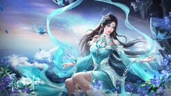  absurdres bare_shoulders bird blue_bird blue_dress blue_flower circlet cloud douluo_dalu dress female floating_island flower hagoromo hair_ornament highres hua_wei_yang long_sleeves ning_rongrong_(douluo_dalu) ocean rainbow second-party_source shawl sitting solo sparkle star_(sky) upper_body water 