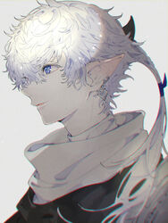  1boy alphinaud_leveilleur blue_coat blue_eyes coat earrings elezen elf final_fantasy final_fantasy_xiv grey_background hageee hair_between_eyes highres jewelry low_ponytail male_focus parted_lips pointy_ears single_earring solo turtleneck upper_body white_hair white_tunic 