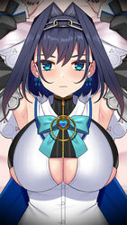  armpits arms_up blue_bow blue_bowtie blue_eyes blue_hair blue_nails blush bow bowtie breasts chains closed_mouth commentary crop_top detached_sleeves earrings female gem hair_intakes headband heart highres hololive hololive_english jewelry large_breasts looking_at_viewer nail_polish nt00 ouro_kronii ouro_kronii_(1st_costume) shirt short_hair sidelocks solo upper_body veil virtual_youtuber white_shirt zipper zipper_pull_tab 