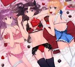  3girls alternate_costume artoria_pendragon_(fate) ass_visible_through_thighs bad_id bad_twitter_id blonde_hair box box_of_chocolates chocolate fate/stay_night fate_(series) food_in_mouth green_eyes heart heart-shaped_box highres lingerie looking_at_viewer lying matou_sakura mouth_hold multiple_girls panties purple_eyes purple_hair red_panties saber_(fate) shimatori_(sanyyyy) thighhighs tohsaka_rin twintails underwear underwear_only valentine white_thighhighs 