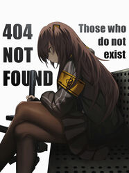  404_(girls&#039;_frontline) 404_logo_(girls&#039;_frontline) armband black_pantyhose brown_eyes brown_hair cero_(last2stage) closed_mouth female girls&#039;_frontline gun h&amp;k_ump highres hood hooded_jacket http_status_code jacket korean_commentary pantyhose sad scar scar_across_eye scar_on_face sitting submachine_gun ump45_(girls&#039;_frontline) weapon white_background yellow_armband 