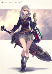  bag belt black_footwear brown_belt cellphone closed_mouth cloud cloudy_sky commentary_request female full_body green_eyes grey_hair grey_socks hair_ornament handbag highres holding holding_phone holding_sword holding_weapon huge_weapon kneehighs kusano_shinta long_hair long_sleeves looking_at_viewer neckerchief original phone pleated_skirt red_neckerchief revision sailor_collar school_uniform skirt sky smartphone smile socks solo standing striped striped_neckerchief sword title weapon yellow_background 