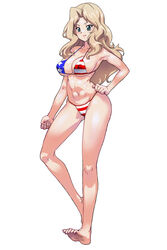  american_flag american_flag_bikini american_flag_print barefoot bikini blonde_hair blue_eyes breasts closed_mouth commentary_request female flag_print full_body girls_und_panzer hair_intakes halterneck hand_on_own_hip highres kay_(girls_und_panzer) large_breasts long_hair looking_at_viewer matagitii navel partial_commentary print_bikini simple_background smile solo standing standing_on_one_leg swimsuit white_background 