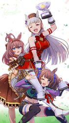  3girls :d animal_ears bare_shoulders belt black_legwear black_shorts blue_eyes blue_nails boots bow bowtie brown_dress brown_eyes brown_hair dress gloves gold_ship_(umamusume) grass green_jacket hairbow headband high_heel_boots high_heels highres holding horse_ears horse_girl horse_tail jacket long_hair long_sleeves looking_at_viewer mihono_bourbon_(code:glassage)_(umamusume) mihono_bourbon_(umamusume) multiple_girls nail_polish navel one_eye_closed open_mouth pants purple_eyes purple_hair red_bow red_bowtie red_dress shinmai_(kyata) shirt shorts simple_background sleeveless sleeveless_dress sleeveless_shirt smile tail thighhighs tosen_jordan_(umamusume) trophy twintails umamusume v white_background white_footwear white_gloves white_pants 