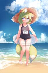  :o animal_ear_fluff animal_ears ass_visible_through_thighs babalilo babalilo_(babalilo) barefoot beach black_one-piece_swimsuit blue_eyes blue_sky cloud commentary_request covered_navel day female full_body green_hair hat highres innertube looking_at_viewer name_tag navel ocean one-piece_swimsuit original outdoors sand short_hair sky solo standing straw_hat swim_ring swimsuit tail thigh_gap transparent_innertube water 