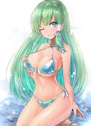  ;) aqua_bikini bare_arms bare_shoulders barefoot bikini blue_eyes breasts commentary female frog_hair_ornament green_hair green_nails hair_ornament kneeling kochiya_sanae large_breasts long_hair looking_at_viewer nail_polish navel one_eye_closed simple_background smile snake_hair_ornament solo stomach swimsuit tan tanlines thighs touhou very_long_hair white_background y2 