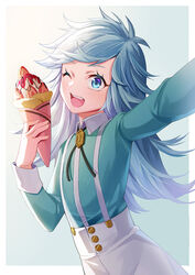  1boy ;d androgynous blue_eyes bolo_tie brooch chocolate_syrup collared_shirt crepe food fruit gradient_background green_shirt highres holding holding_food hoshiko_(419401x) ice_cream ice_cream_crepe iwakiyamayukisatoshironanogojuurokushi_akira jewelry kemono_jihen long_hair long_sleeves looking_at_viewer male_focus one_eye_closed open_mouth outstretched_arm selfie shirt simple_background smile solo strawberry suspenders teeth upper_teeth_only white_hair 