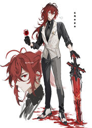  1boy antenna_hair bad_id bad_twitter_id bishounen black_gloves black_necktie black_pants black_shirt diluc_(genshin_impact) genshin_impact gloves greatsword hair_between_eyes highres holding holding_weapon long_hair male_focus multiple_views necktie pants ponytail puff_of_air red_eyes red_hair shirt shoes simple_background star_(symbol) sword twitter_username ueauwa very_long_hair vest weapon white_background white_vest wolf&#039;s_gravestone_(genshin_impact) 