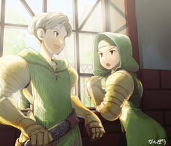  1boy armor brother_and_sister brown_eyes brown_hair cloak female final_fantasy final_fantasy_tactics gauntlets gloves highres hood isilud_tengille knight meliadoul_tengille nanpou_(nanpou0021) open_mouth siblings smile window 