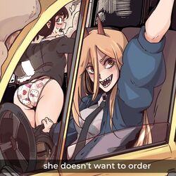  2girls ass assisted_exposure black_hair blonde_hair car chainsaw_man clothes_pull commentary demon_horns driving english_text hand_up he_wants_to_order_(meme) hello_kitty hello_kitty_(character) hello_kitty_print higashiyama_kobeni highres horns kobeni&#039;s_car_(chainsaw_man) kreadorsito looking_at_viewer meme motor_vehicle multiple_girls necktie open_mouth original panties pants pants_pull power_(chainsaw_man) print_panties red_horns sanrio sharp_teeth smoke snapchat speech_bubble steering_wheel sweatdrop teeth three_quarter_view underwear v window 