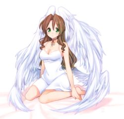  aerith_gainsborough angel_wings bare_arms barefoot blush breasts choker cleavage dress female final_fantasy final_fantasy_vii full_body green_eyes hair_down krudears long_hair medium_breasts multiple_wings parted_bangs short_dress sidelocks simple_background sitting solo wariza wavy_hair white_background white_dress white_wings wings 