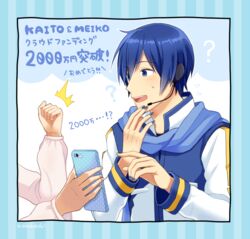  1boy ? ^^^ blue_eyes blue_hair blue_nails blue_scarf cellphone clenched_hand coat commentary hand_on_own_chin headset holding holding_phone kaito_(vocaloid) male_focus master_(vocaloid) nail_polish nokuhashi out_of_frame phone scarf smartphone sweatdrop translated upper_body vocaloid white_coat 