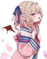  absurdres anpanman anpanman_(character) belt_collar blue_ribbon blue_sailor_collar blush collar female from_side grey_hair hair_ribbon highres holding jacket looking_at_viewer looking_to_the_side makaino_ririmu makaino_ririmu_(4th_costume) multicolored_hair neckerchief nijisanji open_mouth pink_eyes pink_jacket red_neckerchief ribbon sailor_collar shirt simple_background solo streaked_hair twintails utsusumi_kio virtual_youtuber white_background white_shirt wings 