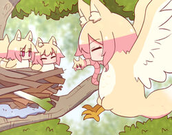  +_+ 5girls ^_^ animal_ear_fluff animal_ears animalization bird bird_nest blurry blurry_background blush closed_eyes commentary_request day depth_of_field earthworm fox_ears fox_tail hair_between_eyes in_nest kemomimi-chan_(naga_u) mouth_hold multiple_girls naga_u nest original outdoors red_eyes sparkle spring_onion tail tree worm 