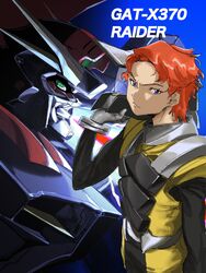  1boy bad_id bad_twitter_id blue_eyes clotho_buer green_eyes gundam gundam_seed hair_behind_ear helmet highres holding holding_helmet male_focus mecha mobile_suit normal_suit orange_hair orrdriver pilot_suit raider_gundam robot science_fiction unworn_headwear unworn_helmet v-fin 