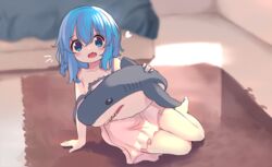  aoi_tori bare_arms bare_legs barefoot blue_eyes blue_hair blush carpet collarbone commentary double-parted_bangs dress female full_body hair_between_eyes heart highres holding holding_stuffed_toy indoors legs_together looking_at_viewer lying medium_hair notice_lines oerba_yun_fang on_ground open_mouth original pink_dress shark single_bare_shoulder skin_fang smile solo strap_slip stuffed_animal stuffed_shark stuffed_toy teru-chan_(aoi_tori) 