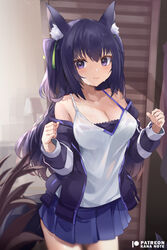  animal_ear_fluff animal_ears bad_id bad_twitter_id blush breasts cleavage female guild_cq hair_ribbon jacket large_breasts long_hair looking_at_viewer mujinbensin off_shoulder purple_eyes quon_tama ribbon see-through see-through_shirt shirt skirt solo thighs virtual_youtuber 