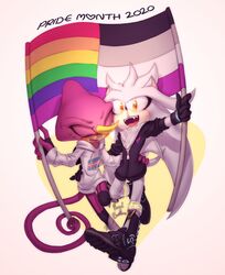  1_horn 2020 anthro asexual_pride_colors better_version_at_source bisexual_pride_colors black_clothing black_topwear bodily_fluids boots chameleon clothing duo english_text espio_the_chameleon eulipotyphlan flag footwear fur gloves grey_body grey_fur handwear happy heart hedgehog hi_res hip_grab holding_object hoodie horn lgbt_pride lizard long_tail male mammal open_mouth open_smile pride_colors purple_body purple_skin rainbow_flag rainbow_pride_flag rainbow_symbol reptile royalbootlace scalie silver_the_hedgehog simple_background smile sonic_the_hedgehog_(series) sweat text topwear transgender_pride_colors white_background white_clothing white_topwear yellow_eyes 