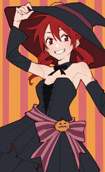  adjusting_clothes adjusting_headwear arm_up bad_id bad_pixiv_id bare_shoulders black_dress black_hat bow commentary dress dress_bow drill_hair female grin halloween hat highres jack-o&#039;-lantern kasane_teto large_hat looking_at_viewer medium_hair orange_background red_eyes red_hair shoulder_tattoo smile solo standing strapless strapless_dress striped striped_background tattoo twin_drills upper_body utau witch witch_hat yasutange 