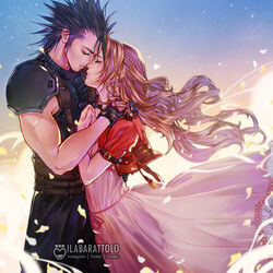  1boy aerith_gainsborough armor artist_name black_hair brown_hair closed_mouth couple dress female final_fantasy final_fantasy_vii final_fantasy_vii_remake gloves hand_on_another&#039;s_shoulder ilabarattolo jacket long_hair petals pink_dress red_jacket shoulder_armor sleeveless sleeveless_turtleneck spiked_hair straight suspenders turtleneck wind zack_fair 