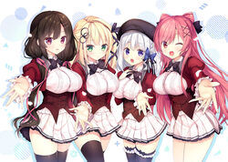  4girls ayase_kanade ayuma_sayu black_hair black_thighhighs blonde_hair blue_eyes bow bowtie braid breasts cowboy_shot drop_shadow green_eyes hair_ornament hair_over_shoulder hair_ribbon hanagane_kanade_gram_-_chapter:2_hananoka_sumirehananoka_sumire hananoka_sumire hat hoshiizumi_kotona juliet_sleeves kozakura_yui large_breasts long_hair long_sleeves looking_at_viewer medium_hair miniskirt multiple_girls oerba_yun_fang official_art open_mouth outstretched_arm petals photoshop_(medium) pink_eyes pink_hair pleated_skirt puffy_sleeves red_eyes ribbon skirt smile thighhighs twintails underbust white_hair white_skirt x_hair_ornament zettai_ryouiki 