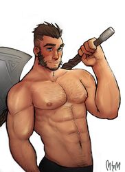  1boy abs alternate_body_hair arm_hair axe bara beard blue_eyes blush brown_hair chest_hair cowboy_shot cross_scar facial_hair gau_(king&#039;s_raid) hair_slicked_back hairy highres holding holding_axe king&#039;s_raid large_hands large_pectorals long_sideburns looking_at_viewer male_focus mature_male moustache mrcmgpntay muscular muscular_male navel navel_hair nipples over_shoulder pectorals scar scar_on_arm scar_on_chest short_hair sideburns smile solo stomach thick_eyebrows topless_male undercut veins veiny_arms weapon weapon_over_shoulder white_background 