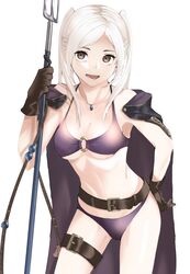  belt bikini brown_eyes brown_gloves female fire_emblem fire_emblem_awakening fire_emblem_heroes gloves highres holding jewelry necklace o-ring o-ring_bikini open_mouth polearm protected_link robin_(female)_(fire_emblem) robin_(female)_(summer)_(fire_emblem) robin_(fire_emblem) simple_background solo swimsuit thigh_strap tpicm twintails weapon white_background white_hair 