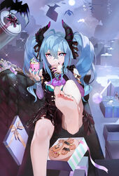  bad_id bad_pixiv_id barefoot bat_(animal) black_dress black_nails blue_eyes blue_hair blue_nails borrowed_design box cake candy commentary couch cream cupcake detached_sleeves dragon_horns dress feet feet_up female finger_to_mouth food foot_focus foreshortening full_moon furrowed_brow gift gift_box grin halloween hatsune_miku hatsune_miku_(noodle_stopper) highres holding holding_food horns jack-o&#039;-lantern kazo_(apap023451) lollipop long_hair moon nail_polish night open_box purple_sleeves silhouette sitting sleeveless sleeveless_dress smile soles solo toenail_polish toenails toes torn_clothes torn_dress twintails vocaloid 