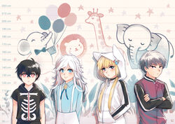  3boys absurdres arms_at_sides arms_behind_back black_hair blonde_hair blue_eyes blue_shirt blush crossed_arms elephant female giraffe hair_between_eyes hand_in_pocket height_chart highres hood hoodie iwakiyamayukisatoshironanogojuurokushi_akira jacket kemono_jihen kon_(kemono_jihen) kusaka_kabane long_hair low_twintails multiple_boys mululeee purple_jacket red_eyes shirt short_sleeves skeleton_print smile standing suspenders tademaru_shiki twintails 