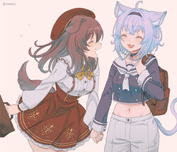  2girls ^_^ ahoge animal_ear_fluff animal_ears backpack bag beret black_choker blush bow bowtie breasts cat_ears cat_tail choker closed_eyes commentary cowboy_shot crop_top cropped_shirt dog_ears dog_girl dog_tail eyelashes groin hair_between_eyes hairband hat high-waist_skirt holding_hands hololive inugami_korone inugami_korone_(street) light_purple_hair long_sleeves looking_at_another medium_breasts medium_hair midriff multiple_girls navel neckerchief nekomata_okayu nekomata_okayu_(casual) oerba_yun_fang official_alternate_costume open_mouth pants pink_background red_headwear red_skirt school_bag school_uniform serafuku shirt short_hair simple_background skirt smile tail twitter_username vinhnyu virtual_youtuber white_neckerchief white_pants white_shirt yellow_bow yellow_bowtie 