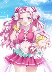  back_bow blue_sky bow breasts cloud cloudy_sky clover_earrings cone_hair_bun cowboy_shot cure_yell day female flower hair_bun hair_flower hair_ornament heart heart_hair_ornament heart_pouch highres hugtto!_precure long_hair looking_at_viewer navel nono_hana okayashi open_mouth outdoors pink_eyes pink_hair pink_shirt pink_skirt precure scrunchie see-through see-through_sleeves shirt short_sleeves skirt sky small_breasts smile solo thick_eyelashes 