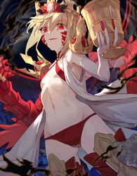  ass_visible_through_thighs blonde_hair breasts chalice crown cup elbow_gloves facial_mark fate/grand_order fate_(series) female from_below gauntlets gloves gold_crown halterneck head_tilt highres looking_at_viewer looking_down nero_claudius_(fate) pale_skin panties pointed_crown queen_draco_(fate) queen_draco_(second_ascension)_(fate) red_eyes red_panties small_breasts smile solo tesin_(7aehyun) underwear 