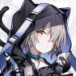  1boy animal_ears animal_hood arknights black_gloves black_jacket cat_ears cat_tail choker gloves grey_hair hair_over_one_eye holding hood jacket male_focus mask phantom_(arknights) photoshop_(medium) portrait quan_(kurisu_tina) short_hair solo tail yellow_eyes zoom_layer 