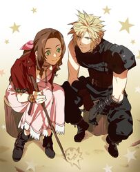  1boy aerith_gainsborough armor belt blonde_hair blue_eyes boots bracelet breasts brown_hair choker cloud_strife collaboration couple cropped_jacket drawing dress female final_fantasy final_fantasy_vii final_fantasy_vii_remake full_body gloves green_eyes hair_ribbon highres jacket jewelry log long_dress medium_breasts mikuroron multiple_belts parted_bangs pink_dress red_jacket ribbon shoulder_armor sidelocks sitting sleeveless sleeveless_turtleneck smile spiked_hair star_(symbol) stick straight suspenders talesofmea turtleneck 